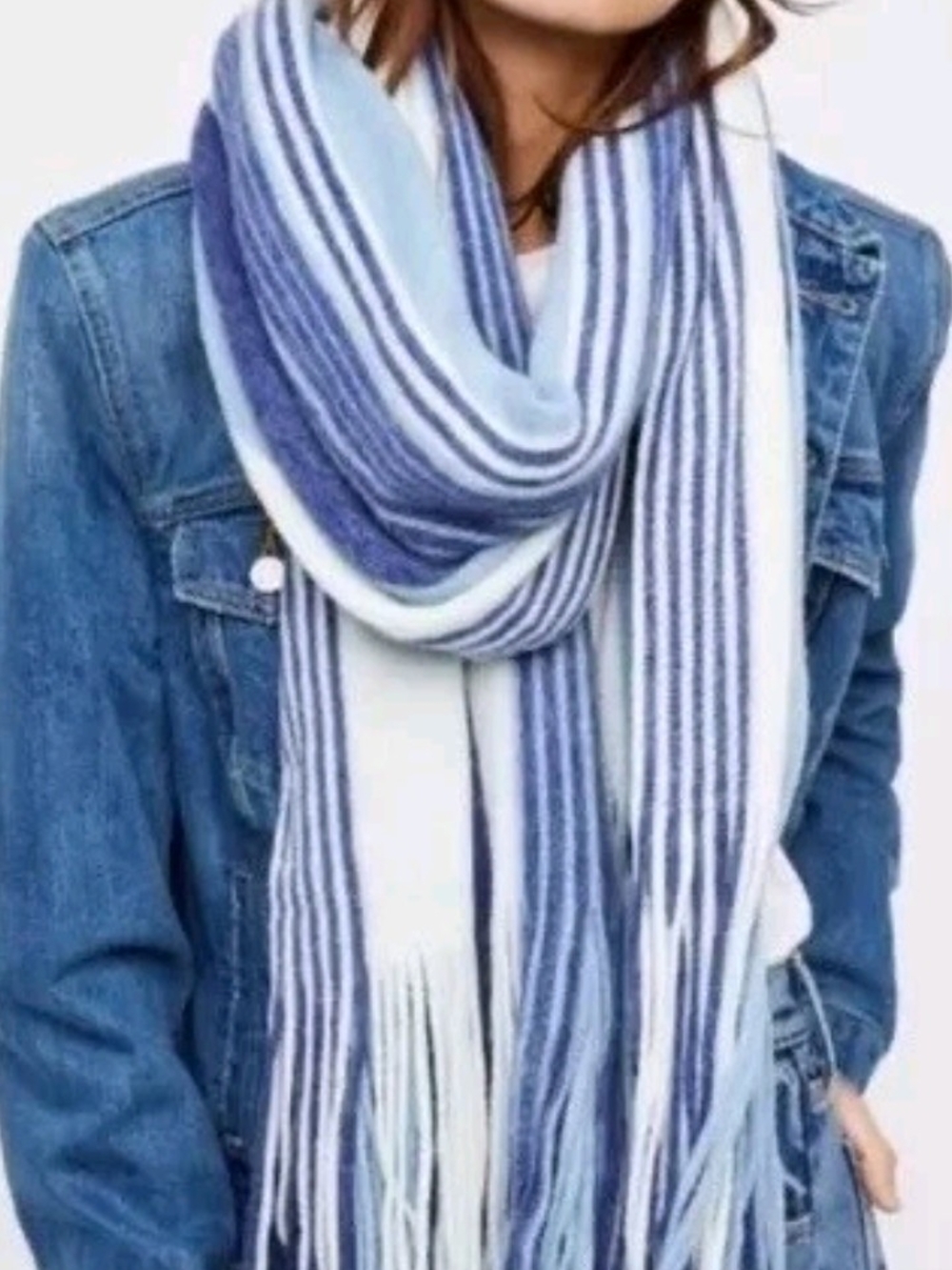 Free People Kolby Blue Striped Fringe Scarf - Cozy & Soft
